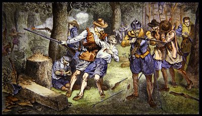 Forsvar af spædbørnsbosættelsen mod indiske angreb i kolonien Jamestown, Virginia i 1607 (farve litho) af School American