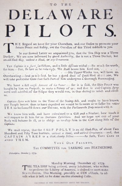 Faksimile af proklamationen fra Philadelphia-patrioterne til Delaware-piloterne, der advarer dem om ikke at handle med det britiske teskib, 7. december 1773 (litho) af School American