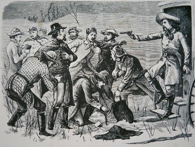 Fire banditter overmander og plyndrer to officerer og syv soldater nær Bismarck, Dakota-territoriet, fra 