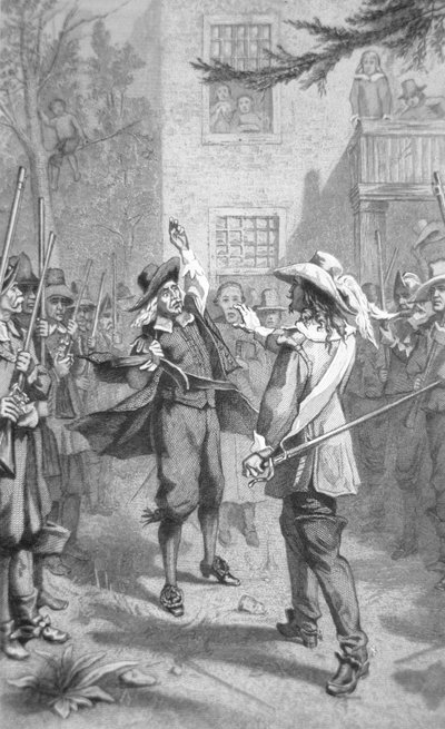 Nathaniel Bacon konfronterer Sir William Berkeley (stik) af School American