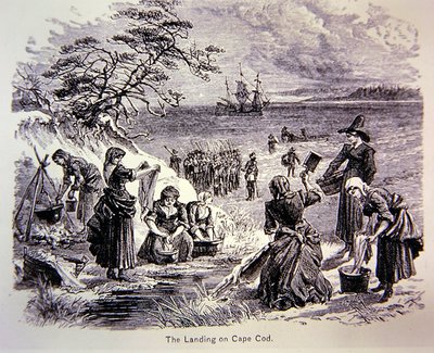 Pilgrim Fathers Land in America i 1620 - Landgangen ved Cape Cod, der viser kvinder på arbejde (litho) af School American