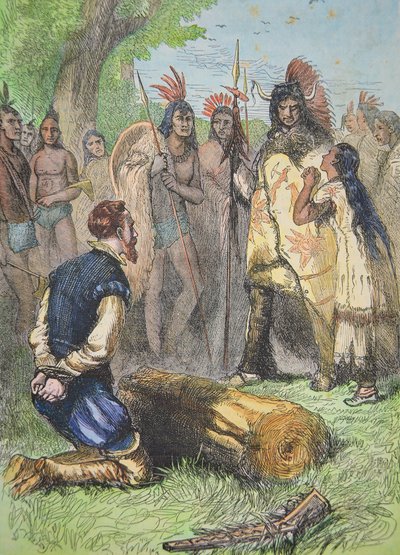 Pocahontas redder John Smiths liv (farvet gravering) af School American