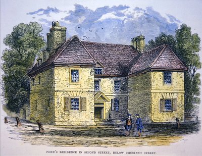 William Penns bopæl i Second Street, nedenfor Chestnut Street, Philadelphia (farve litho) af School American