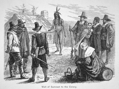 Samoset, chef for Pemaquids besøger pilgrimsfædrene i 1621 (litho) af School American