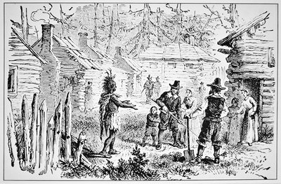 Samoset, chef for Pemaquids besøger pilgrimsfædrene i 1621 (litho) af School American