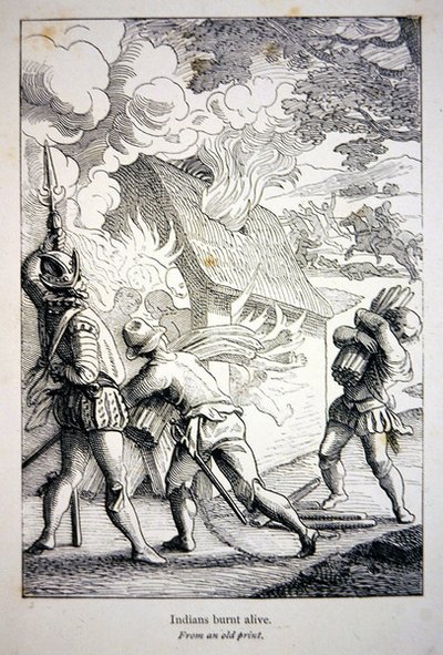 Spanierne i Amerika brænder en indianerlandsby (litografi) af School American