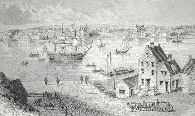 Færgen, New York, ca. 1750 (litho) af School American