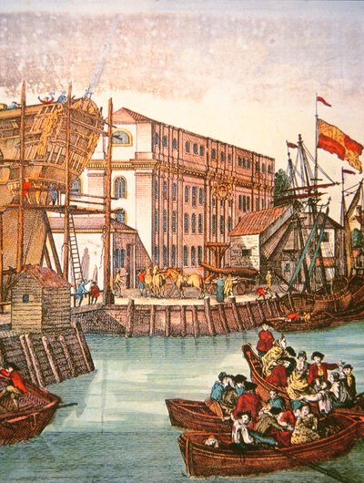 Udsigt over New Yorks havn i midten af det 18. århundrede (farve litho) af School American
