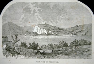 West Point, nøglefortet, som Benedict Arnold planlagde at levere til briterne under uafhængighedskrigen (litho) af School American