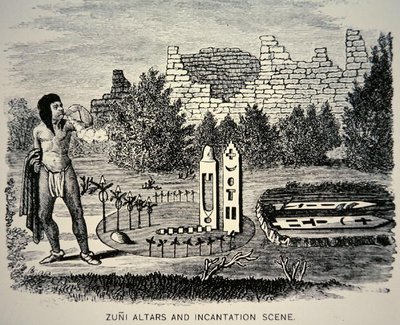Zuni Tribesman blæser pollen over en Pueblo-helligdom (gravering) af School American