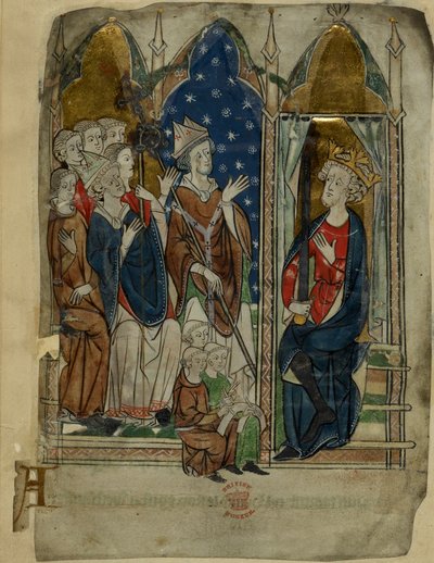 Cotton Vitellius A. XIII f.6v kong Edward I siddende med sit hof og klerke, fra 