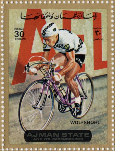 UAE-stempel, der repræsenterer cykelrytteren Rolf Wolfshohl (Ne 1938). af School Arabic