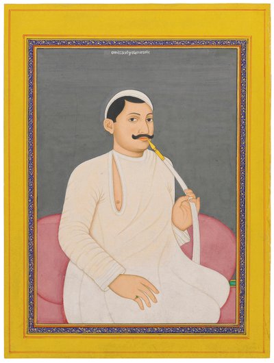 Et siddende portræt af Ram Chandra Lahiri, Dewan af Cooch Bewar (1829 - 1842, ca. 1840 (ugennemsigtige pigmenter forhøjet med guld på papir) af School Bengali
