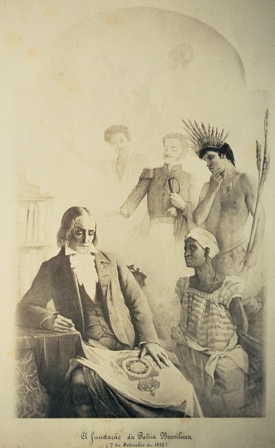 Grundlægger af det brasilianske land, 7. september 1822 - En allegori, der repræsenterer de tre racer: den afrikanske slave, den portugisiske og den indfødte indianer med Jose Bonifacio (1763-1838) og Pedro I (1793-1834) af School Brazilian