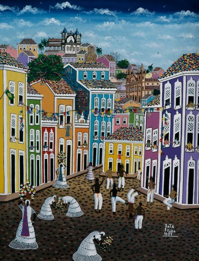 Naivt kunstmaleri, der viser gadebilledet, Bahia State, Brasilien af School Brazilian