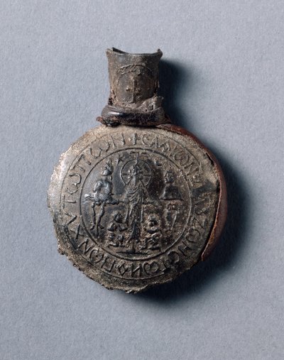 Pilgrims ampulla med scener fra korsfæstelsen (foran) og himmelfarten (bagpå), ca. 600 (tin-bly-legering med læderfragmenter) af School Byzantine