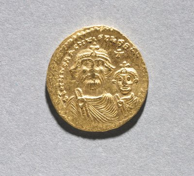 Solidus med Heraclius og hans søn Heraclius Constantine (forside), c.616-625 (guld) (se CVL 499741 for bagside) af School Byzantine