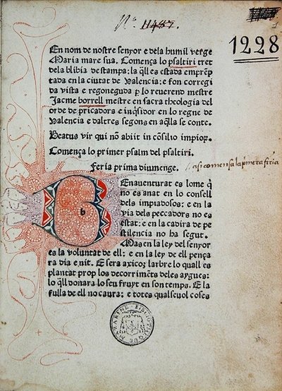 Inc 1228 Psalter of Boniface Ferrer, rettet af Jaime Borrell, trykt af Nicolaus Spindeler i Barcelona i 1480 (tryk & blæk på papir) af School Catalan