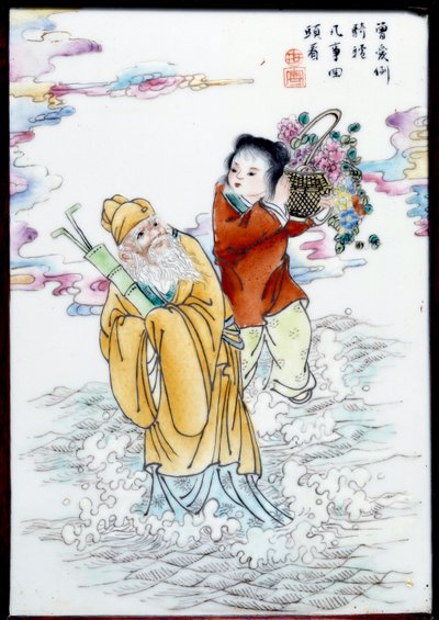 Allegori om foråret En kvinde med en kurv med blomster og en gammel mand, der går i sprayen. Maleri på anonymt porcelæn, Kina af School Chinese