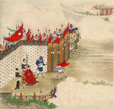Kinesisk kunst: en kinesisk prins, der modtager en budbringer Distemper på silke fra den kinesiske skole omkring 1820 Dim 24,6 x 23,7 cm Privat samling af School Chinese