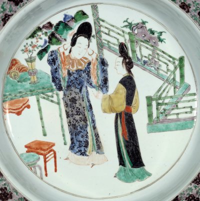 Kinesisk kunst: "" To elegant stylede kvinder"" Keramisk tallerken fra det 18. århundrede. Paris, Guimet-museet, Nationalmuseet for asiatisk kunst af School Chinese