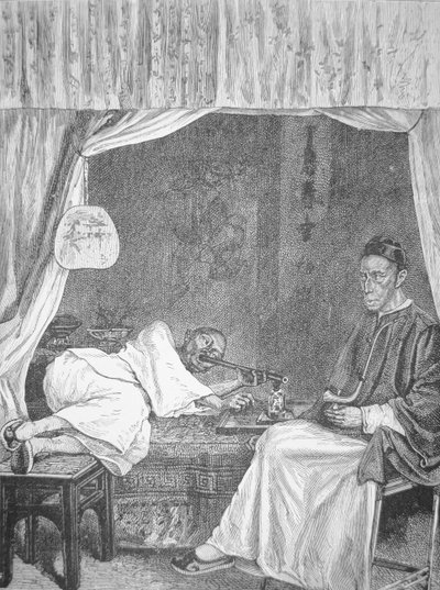 Kinesiske opiumsrygere, gravering fra 1875 (litho) af School Chinese