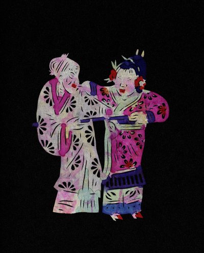 Et par med en gammel kvinde og en ung pige. Bemalet papirklip eller "Jian Zhi", kinesisk folkekunst, Pekin. af School Chinese