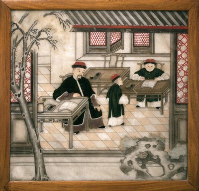 Dekorativ marmorplade, der repræsenterer bogstaver i deres skab. Malet marmor, Qing-dynastiet (1644-1911), kinesisk kunst. Musee d