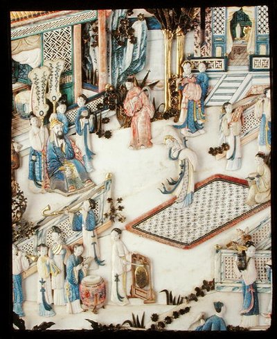 Detalje fra et panel, der forestiller en dignitær, der ser på en kvindelig danser, Qianlong-periode af School Chinese