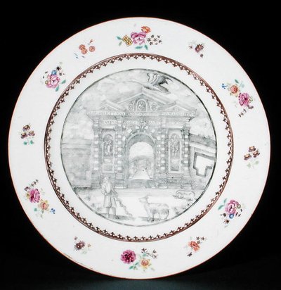 Middagstallerken dekoreret en grisaille med Rose Famille emaljer forestillende Jacob Bobart (1599-1680) med en ged og en hund, Qianlong periode (1736-95) (porcelæn) af School Chinese