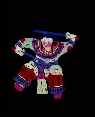 Kvindefigur træner kampsport med to gynger. Bemalet papirklip eller "Jian Zhi", kinesisk folkekunst, Pekin. af School Chinese