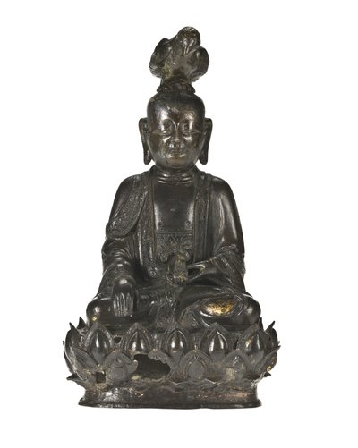 Figur af Guanyin, den kinesiske gudinde for barmhjertighed, siddende på en lotusdesignet base med en ravn på sit hoved og en kanin i sin venstre hånd af School Chinese
