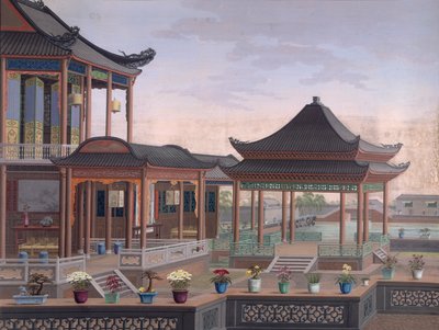 En kinesisk embedsmands hus, ca. 1800-05 (ugennemsigtig akvarel på papir) af School Chinese