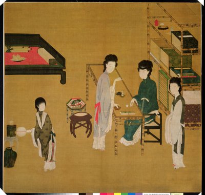Interiørscene, slutningen af det 18. eller 19. århundrede (kinesisk sort blæk & stærkt påførte pigmenter på silke) af School Chinese