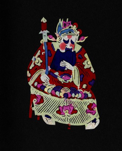 Mandlig figur fra Pekin-operaen med maske. Bemalet papirklip eller "Jian Zhi", kinesisk folkekunst, Pekin. af School Chinese