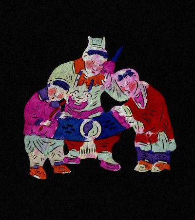 Mandlig figur med to børn. Bemalet papirklip eller "Jian Zhi", kinesisk folkekunst, Pekin. af School Chinese