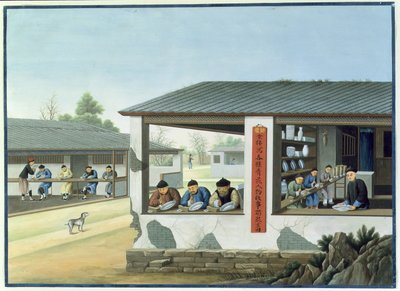 Manufacture of Porcelain, Decorating in Blue (gouache og akvarel på papir) af School Chinese