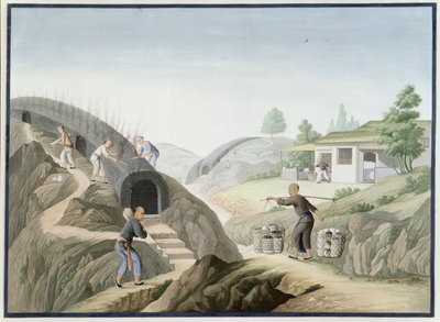 Fremstilling af porcelæn: Firing the Dragon Kiln (akvarel og gouache på papir) af School Chinese