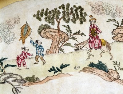 Ædel kvinde til hest og børn, der leger drage - kinesisk tryk, omkring 1800 af School Chinese