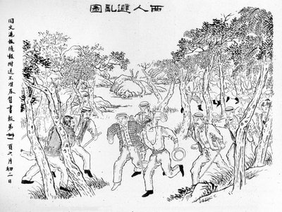 Boxer Rebellion: Europæere kæmper mod bokserne. Illustration offentliggjort i Shanghai Journal Toung-Ouen-Hou-Pao.1899 ca. af School Chinese