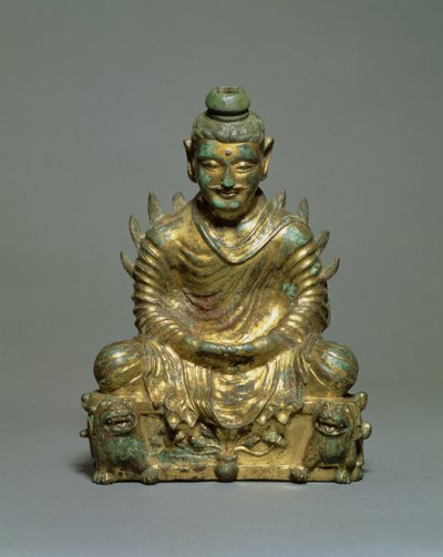 Siddende Buddha med flammende skuldre, kinesisk seks dynastier periode, Northern Wei dynasti, 3.-5. århundrede (forgyldt bronze) af School Chinese