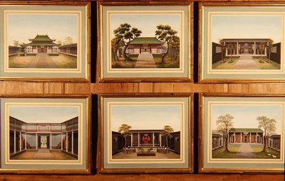 Sæt med seks kinesiske pavilloner og gårdscener, ca. 1780 (akvarel) af School Chinese
