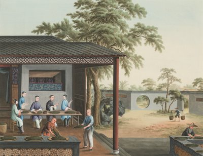 Teproduktion, ca. 1820 (kropsfarve og guldmaling på silke lagt på papir) af School Chinese