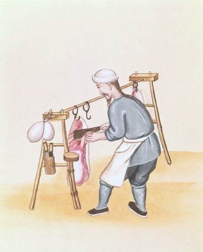 Kødsælgeren, fra en bog om Pekings gader, ca. 1785 (akvarel og gouache på papir) af School Chinese