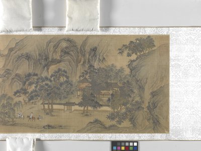 Travellers In A Riverside Village, ukendt dato (blæk og farve på silke) af School Chinese