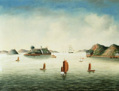 Udsigt over Canton-området, ca. 1850 (olie på lærred) af School Chinese