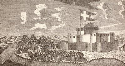 Dansk kolonifort Fredensborg, Ningo, Ghana som det så ud i 1760, fra 