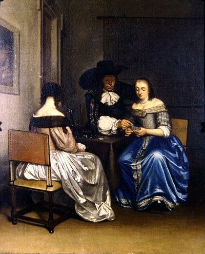 Interiørscene med kortspillere (olie på lærred) af School Dutch