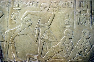 Det gamle Egypten, Relief, Landsbyældste tvunget til at indrømme deres fejlagtige skatteangivelser til embedsmænd, Merereukas grav, 6. dyn (foto) af School Egyptian