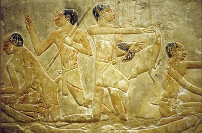 Det gamle Egypten, Vægudskæring/-maleri, Mastaba/Tomb of Idout, Sakkara/Saqqara, Fangst af fugle i mosen, 6. dynasti (foto) af School Egyptian